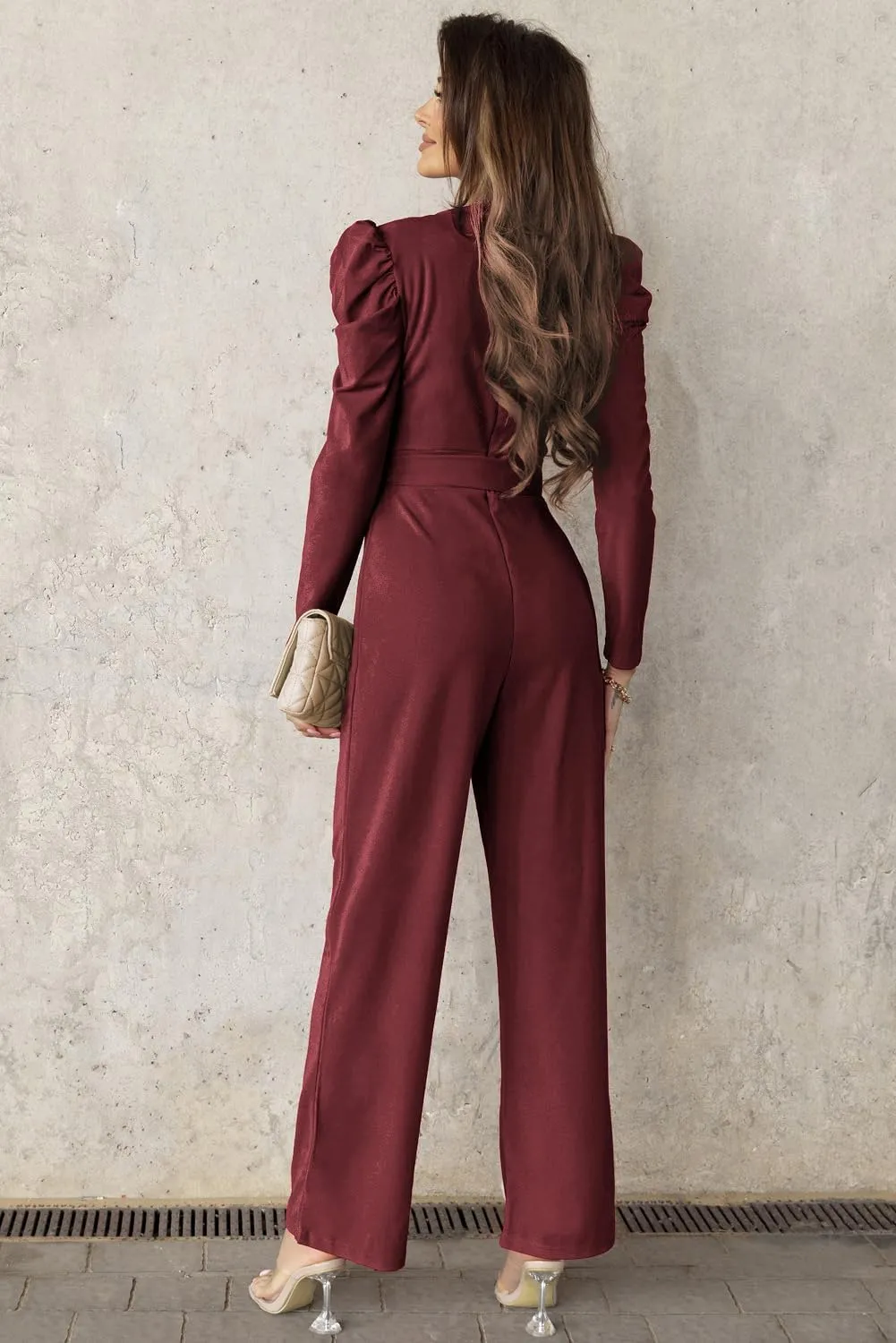 BLENCOT Jumpsuit Long Sleeve Casual V Neck Belted Wide Leg Formal Rompers Jumpsuit