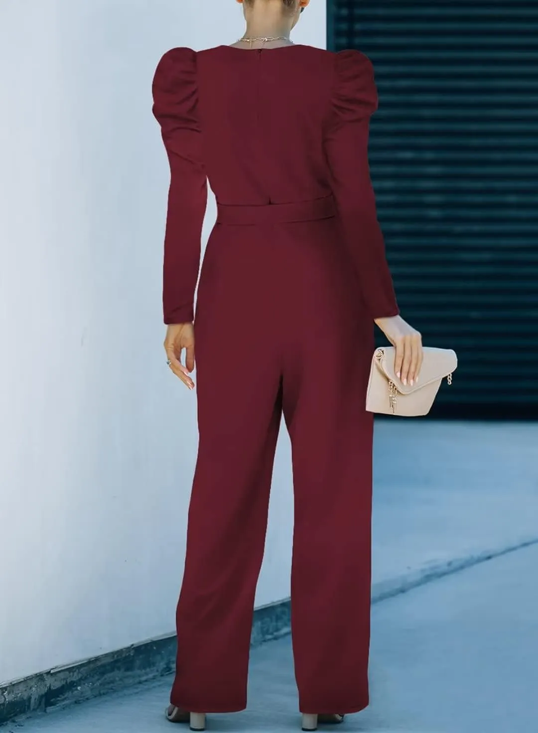 BLENCOT Jumpsuit Long Sleeve Casual V Neck Belted Wide Leg Formal Rompers Jumpsuit