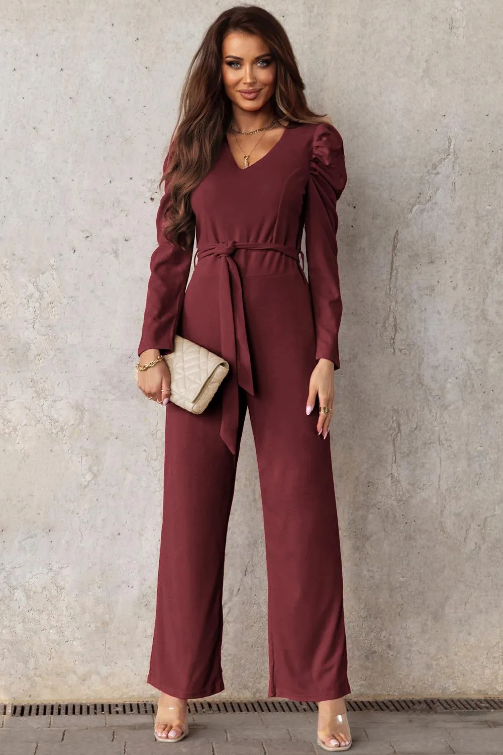 BLENCOT Jumpsuit Long Sleeve Casual V Neck Belted Wide Leg Formal Rompers Jumpsuit