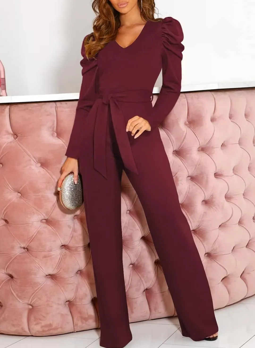BLENCOT Jumpsuit Long Sleeve Casual V Neck Belted Wide Leg Formal Rompers Jumpsuit