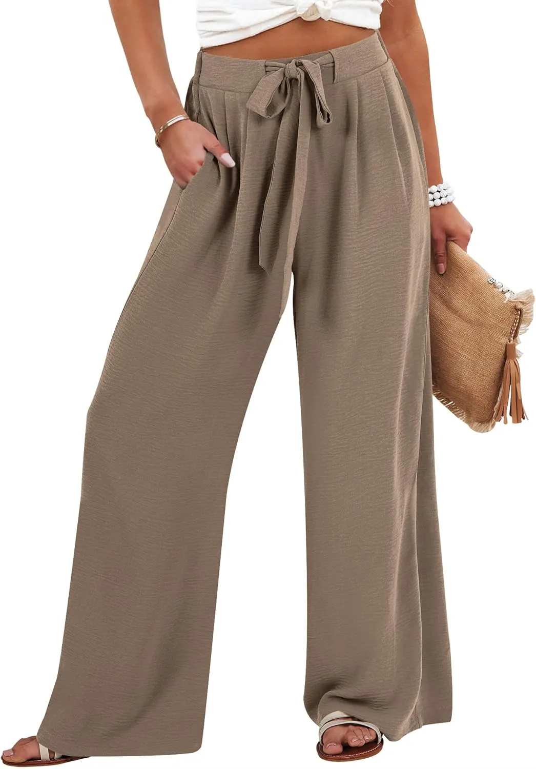 Caracilia Women Wide Leg Palazzo Pants Summer High Waist Flowy Casual Trousers Loose Lounge Beach Travel Vacation Clothes Light Brown Medium