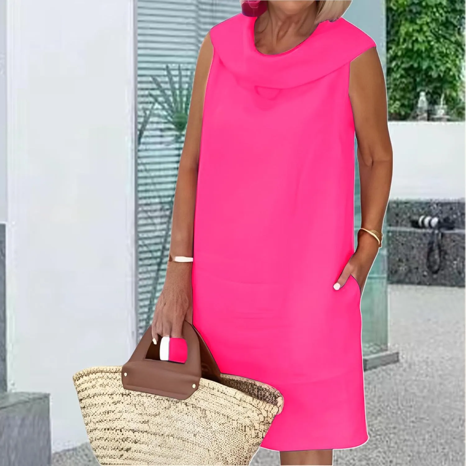 Cotton Linen Dress Women Summer Casual Midi Dresses for Women Sleeveless Dressy Elegant Turltneck Sundress Pockets