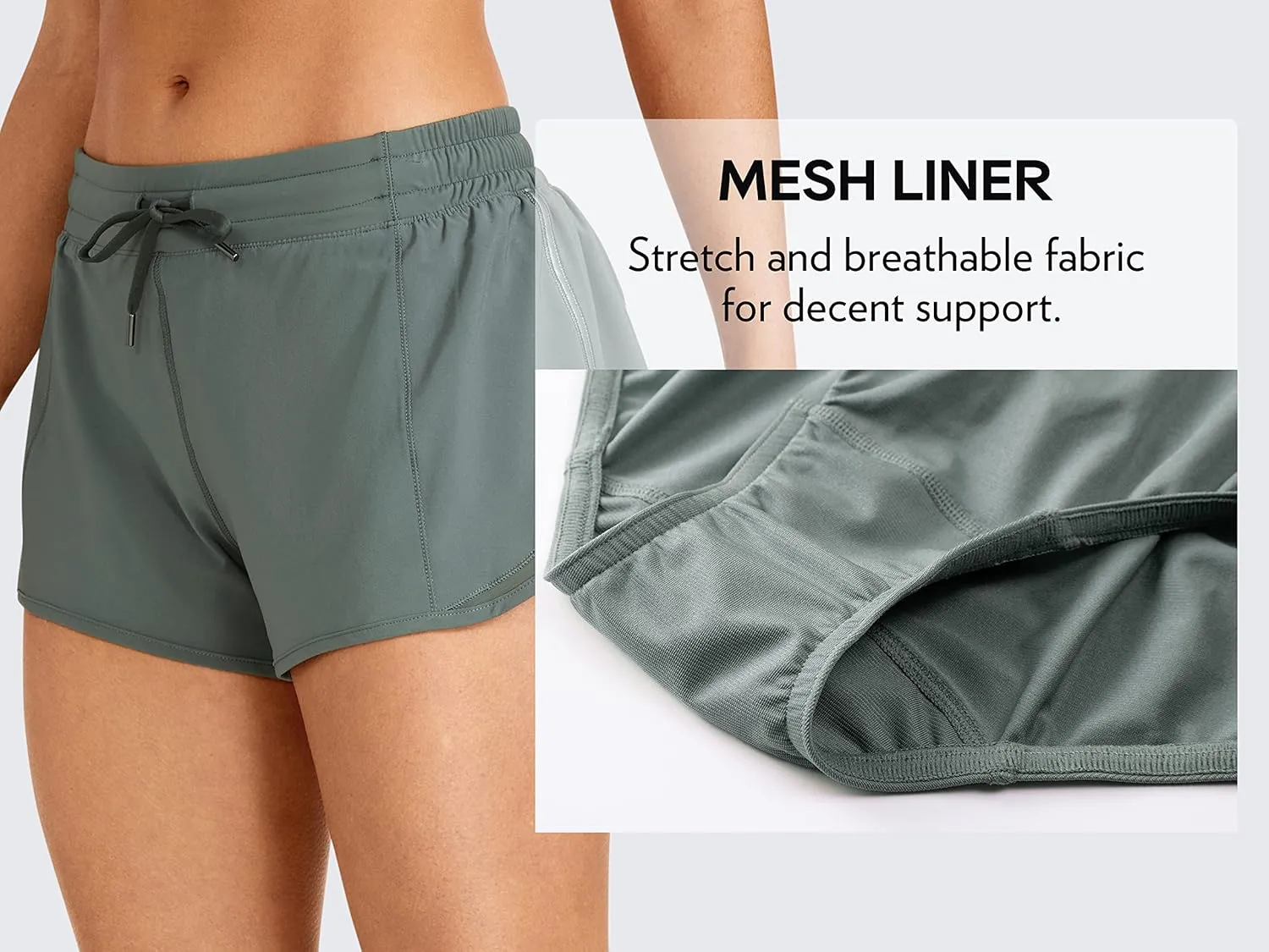 CRZ YOGA Athletic Shorts for Women with Zip Pocket, 2.5" Mid Waist Mesh Liner Shorts for Running Gym Workout
