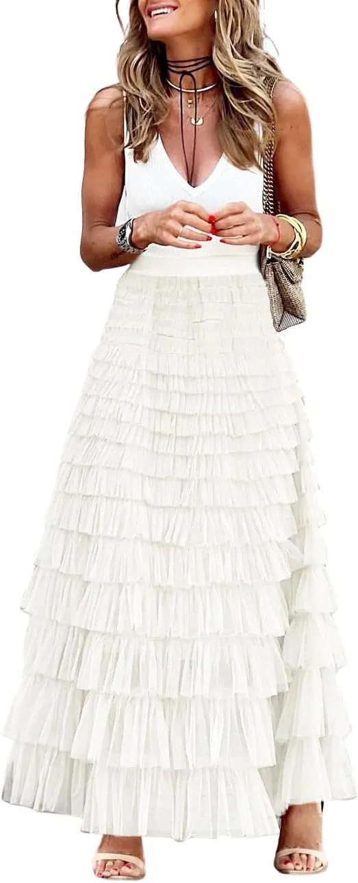 ebossy Women's Ruffled Tiered Tutu Tulle Skirt Stretchy A-line Prom Party Long Skirt