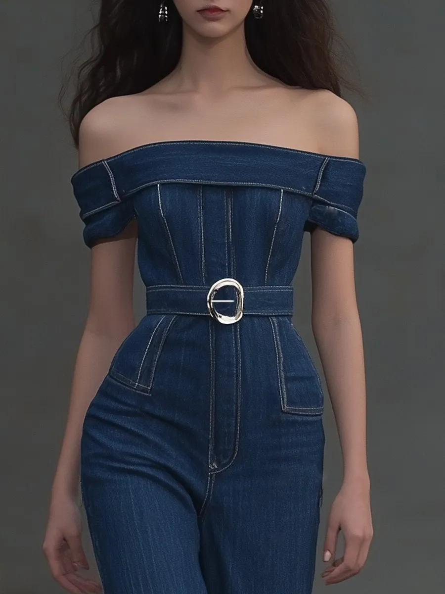 Elegant One-shoulder Sleeveless Denim Jumpsuit