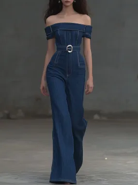 Elegant One-shoulder Sleeveless Denim Jumpsuit