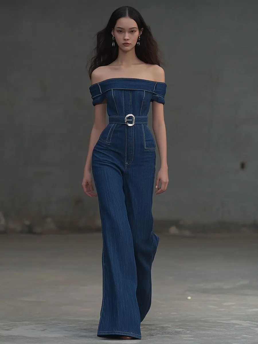 Elegant One-shoulder Sleeveless Denim Jumpsuit