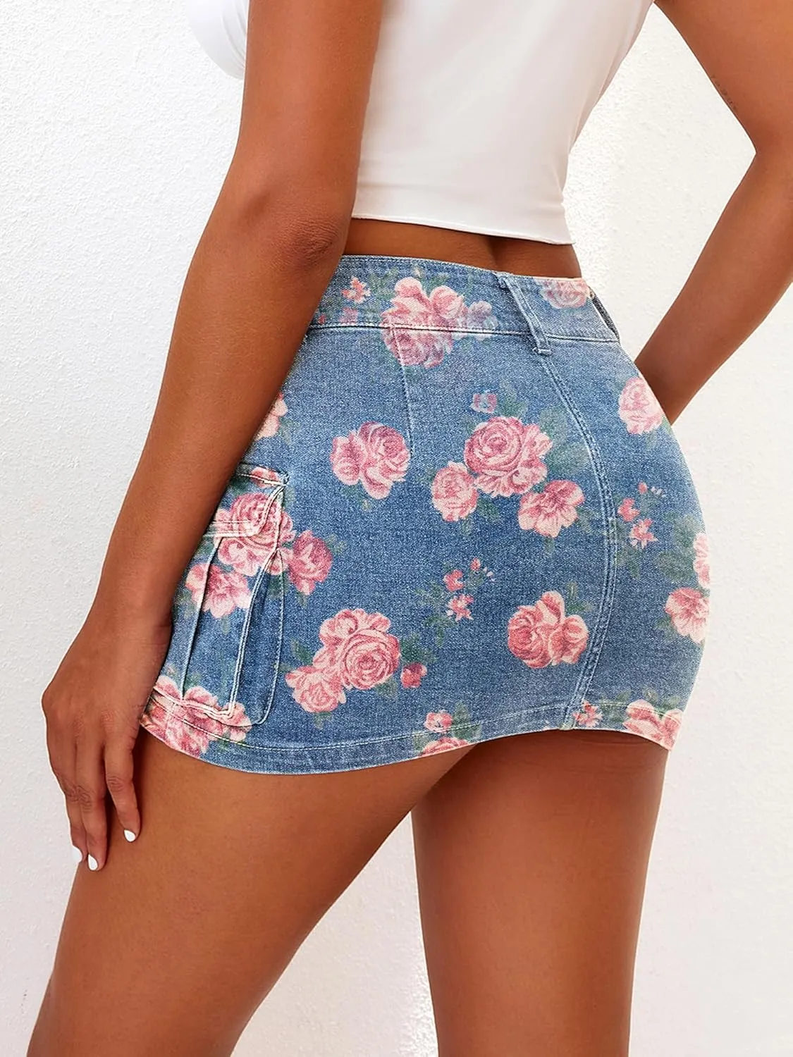 ELLEVEN High Stretchy Cargo Skirt for Women, Low Waist Y2k Mini Skirt Cute Denim Skirt with Pockets