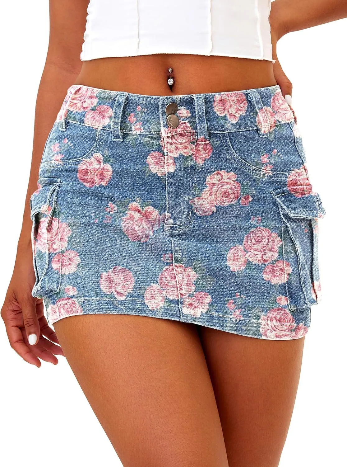 ELLEVEN High Stretchy Cargo Skirt for Women, Low Waist Y2k Mini Skirt Cute Denim Skirt with Pockets