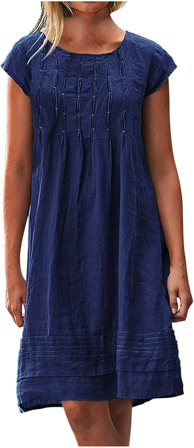 Finelylove Womens Casual Summer Cotton Linen Dresses Midi Flowy Beach Dress Short Sleeve Ruffled Shift Dress Loose Sundress