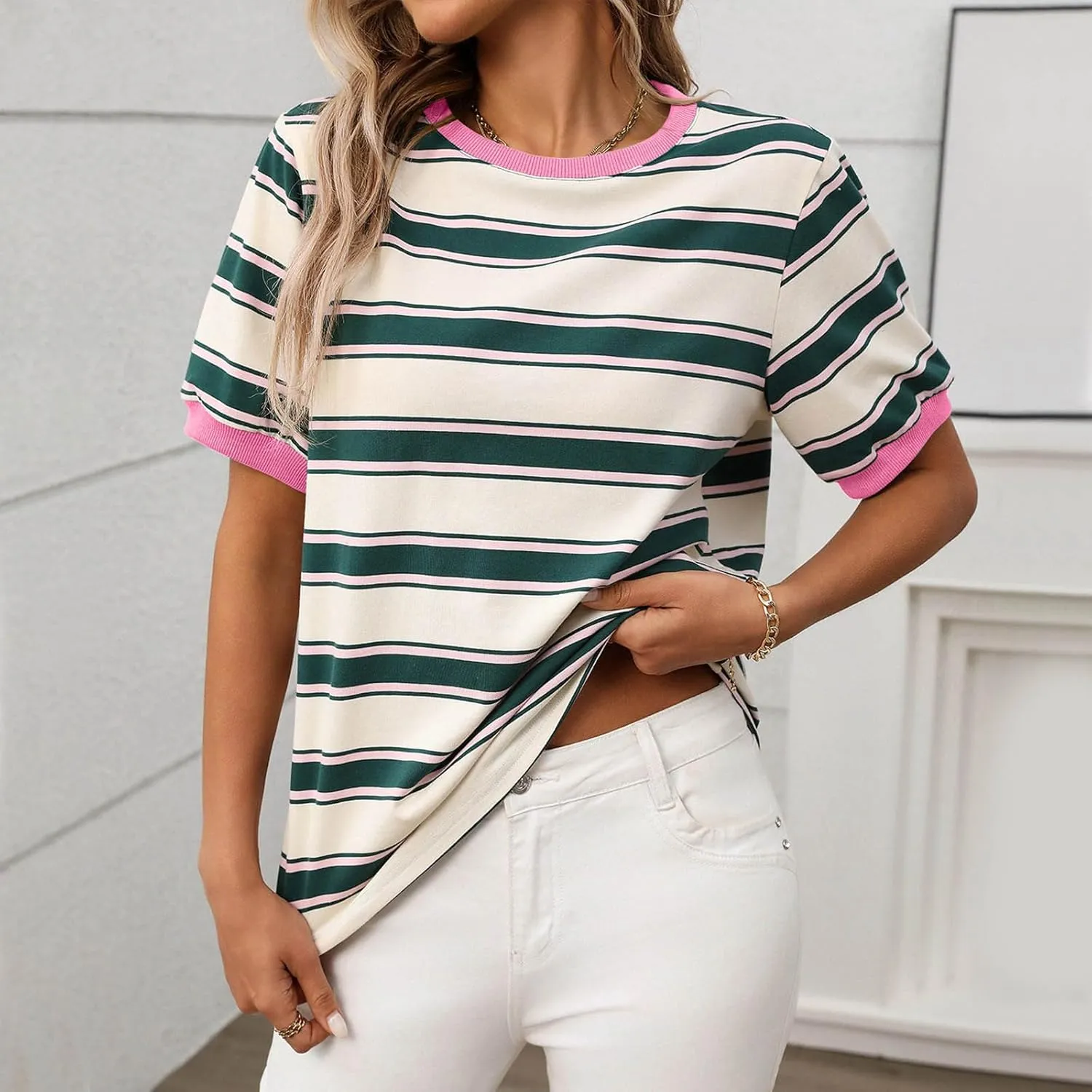 HGps8w Casual Cotton Striped Tops for Women 2025 Summer Short Sleeve Tee Shirt Color Block Loose Crewneck Comfy Blouses
