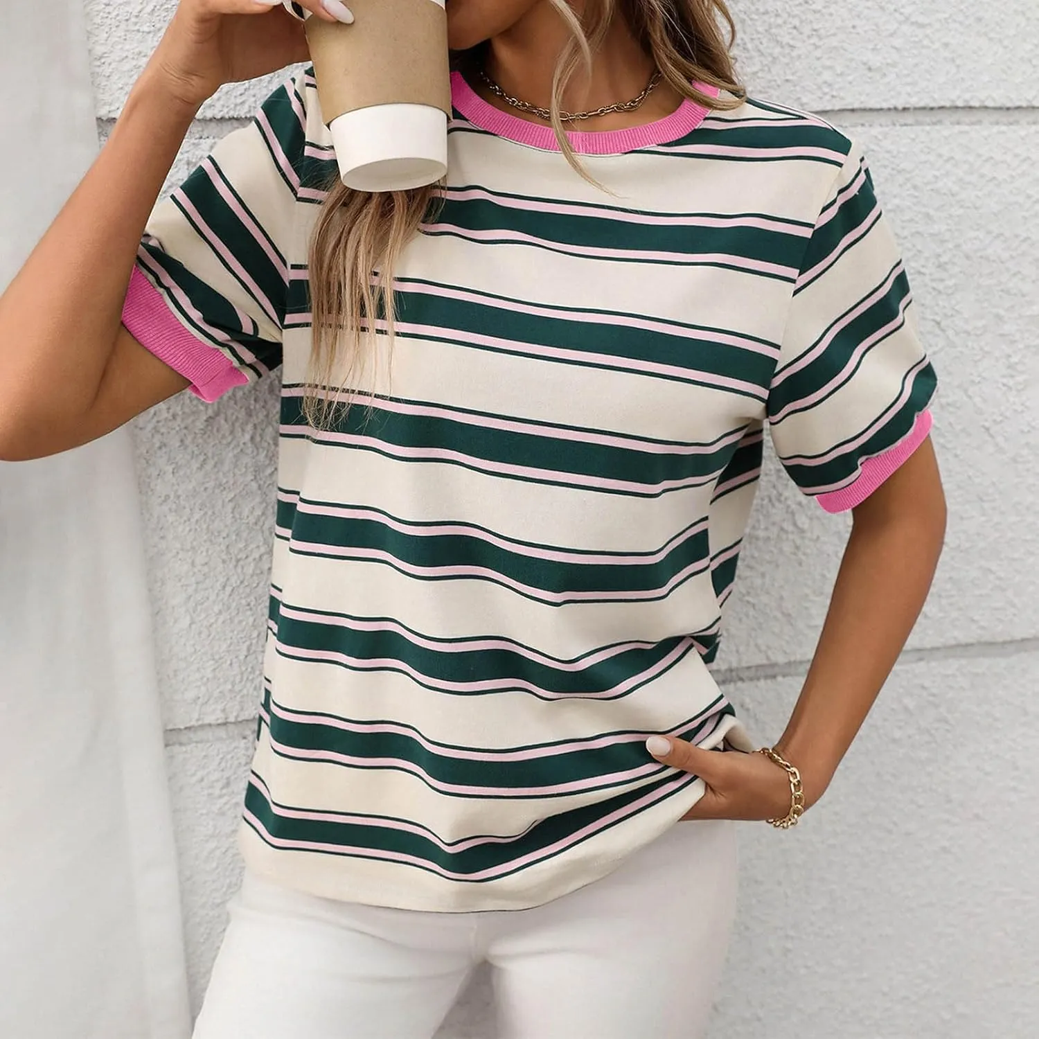HGps8w Casual Cotton Striped Tops for Women 2025 Summer Short Sleeve Tee Shirt Color Block Loose Crewneck Comfy Blouses