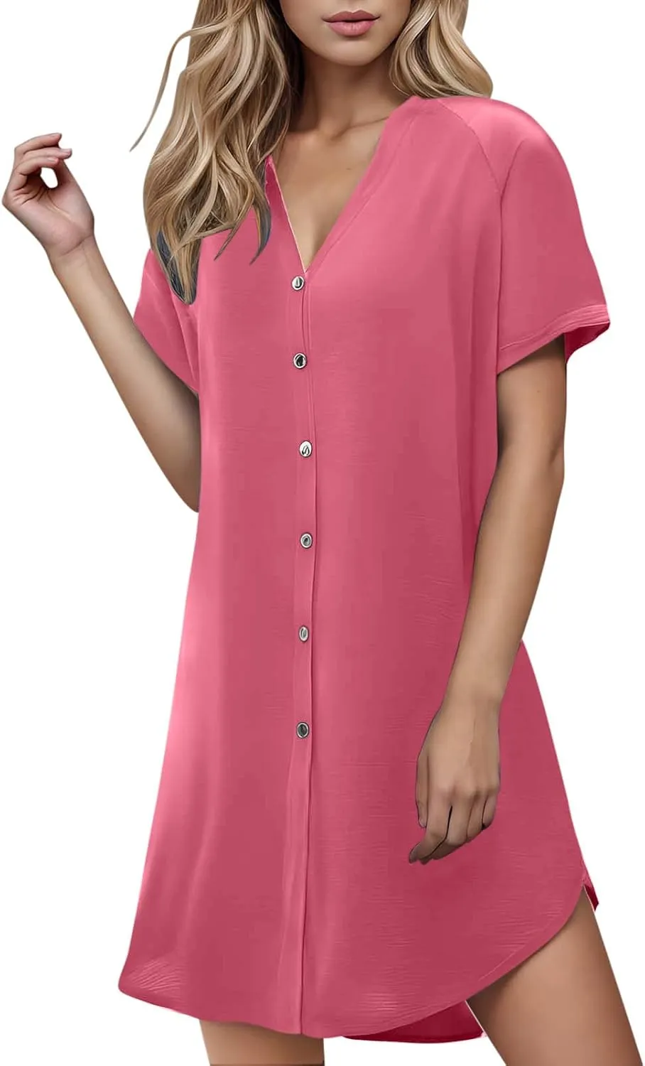 jsaierl Women's Button Down V Neck Shirts Dress Casual Loose Solid Basic T Shirt Dress Summer Short Sleeve Shift Dress