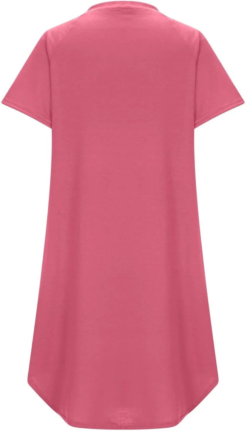 jsaierl Women's Button Down V Neck Shirts Dress Casual Loose Solid Basic T Shirt Dress Summer Short Sleeve Shift Dress