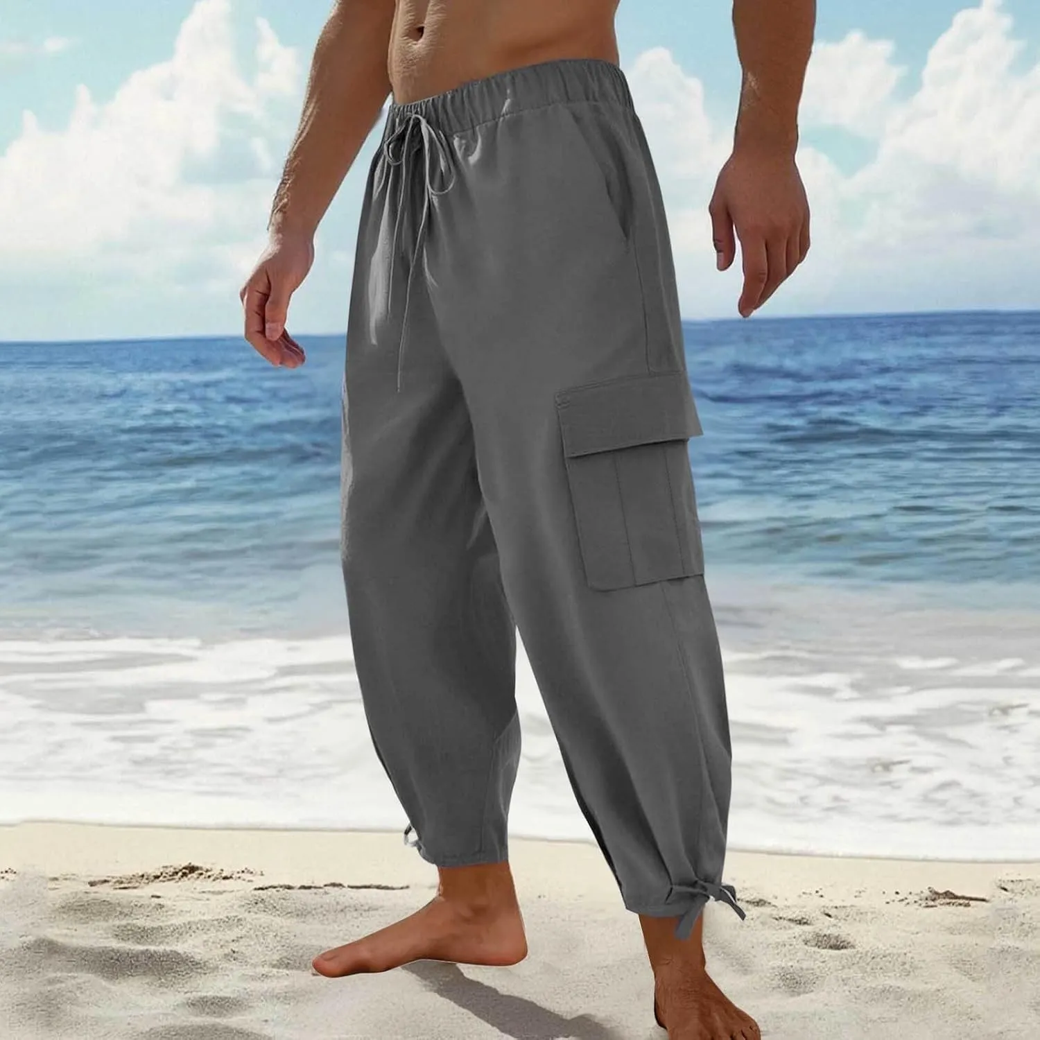 Linen Cargo Pants Men Beach Summer Casual Elastic Waist Relaxed Fit Yoga Travel Lounge Trousers with Drawstring Bottom