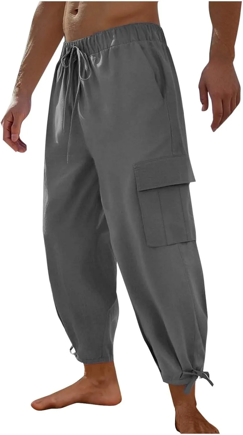 Linen Cargo Pants Men Beach Summer Casual Elastic Waist Relaxed Fit Yoga Travel Lounge Trousers with Drawstring Bottom