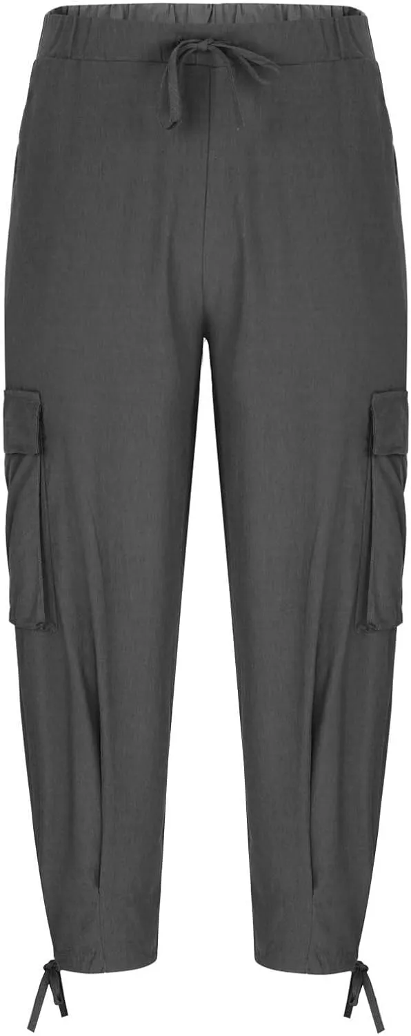 Linen Cargo Pants Men Beach Summer Casual Elastic Waist Relaxed Fit Yoga Travel Lounge Trousers with Drawstring Bottom