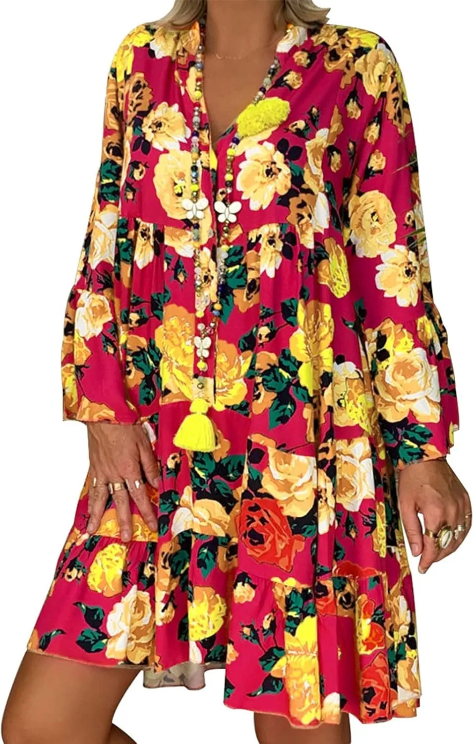 Long Sleeve Dress for Women Plus Size Floral Print Shirt Dress Button Down Casual Loose Midi Dress Summer Dresses