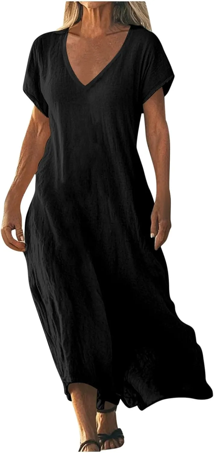Maxi Shift Dresses for Women Summer V Neck Short Sleeve Solid Color Casual Swing Flowy Ankle Length Dress