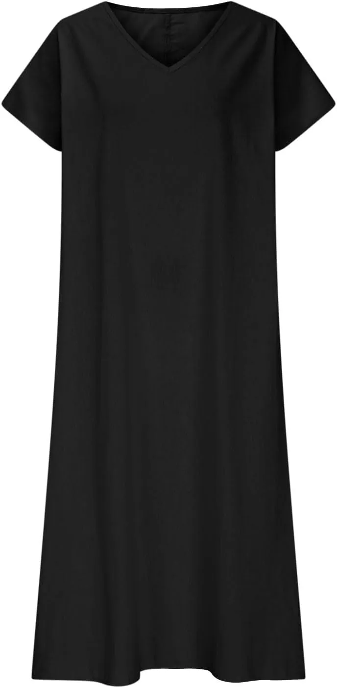 Maxi Shift Dresses for Women Summer V Neck Short Sleeve Solid Color Casual Swing Flowy Ankle Length Dress