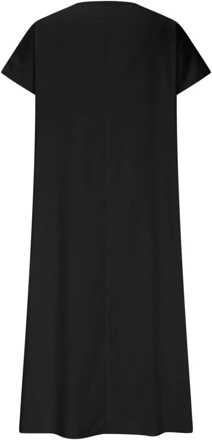 Maxi Shift Dresses for Women Summer V Neck Short Sleeve Solid Color Casual Swing Flowy Ankle Length Dress