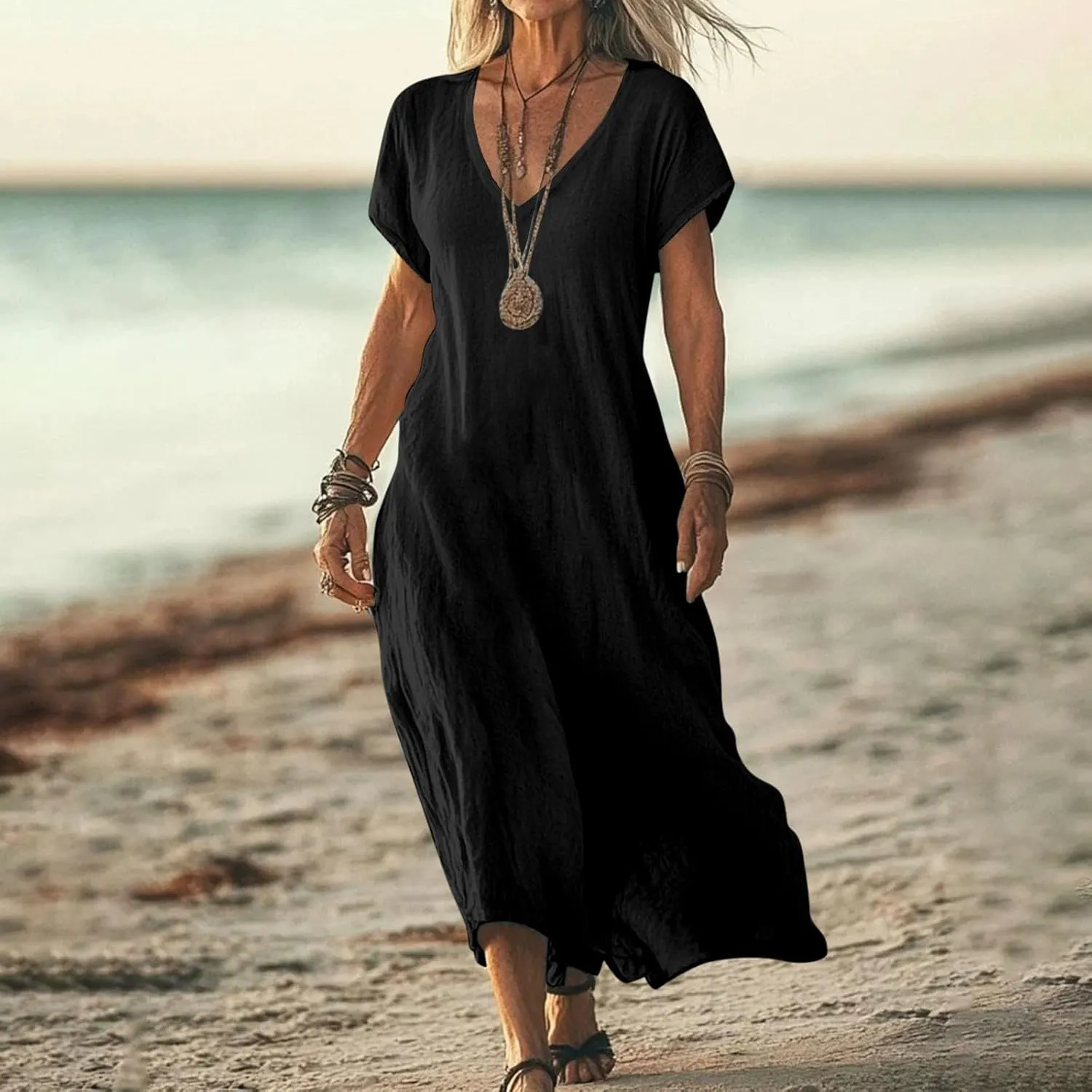 Maxi Shift Dresses for Women Summer V Neck Short Sleeve Solid Color Casual Swing Flowy Ankle Length Dress