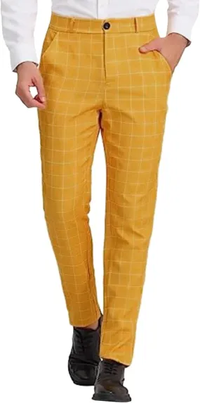 Mens Chinos Slim Fit Stretch Flat-Front Skinny Plaid Dress Pants Business Work Suit Tapered Pants Casual Golf Pants Trousers