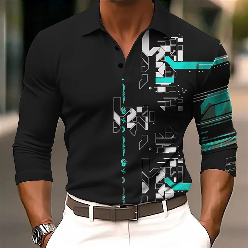 Men's Fashion 3D Printed Long Sleeve Polo Shirt 68212630YY