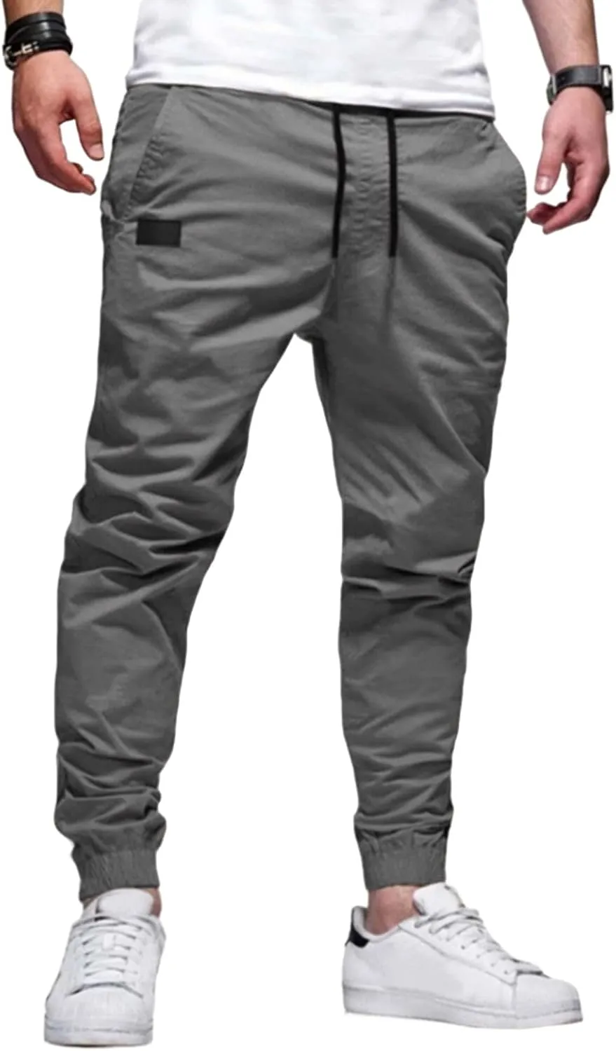 Men's Joggers Pants Cotton Drawstring Chino Cargo Casual Trousers with Elastic Waist Durable Twill for Hiking Outdoor