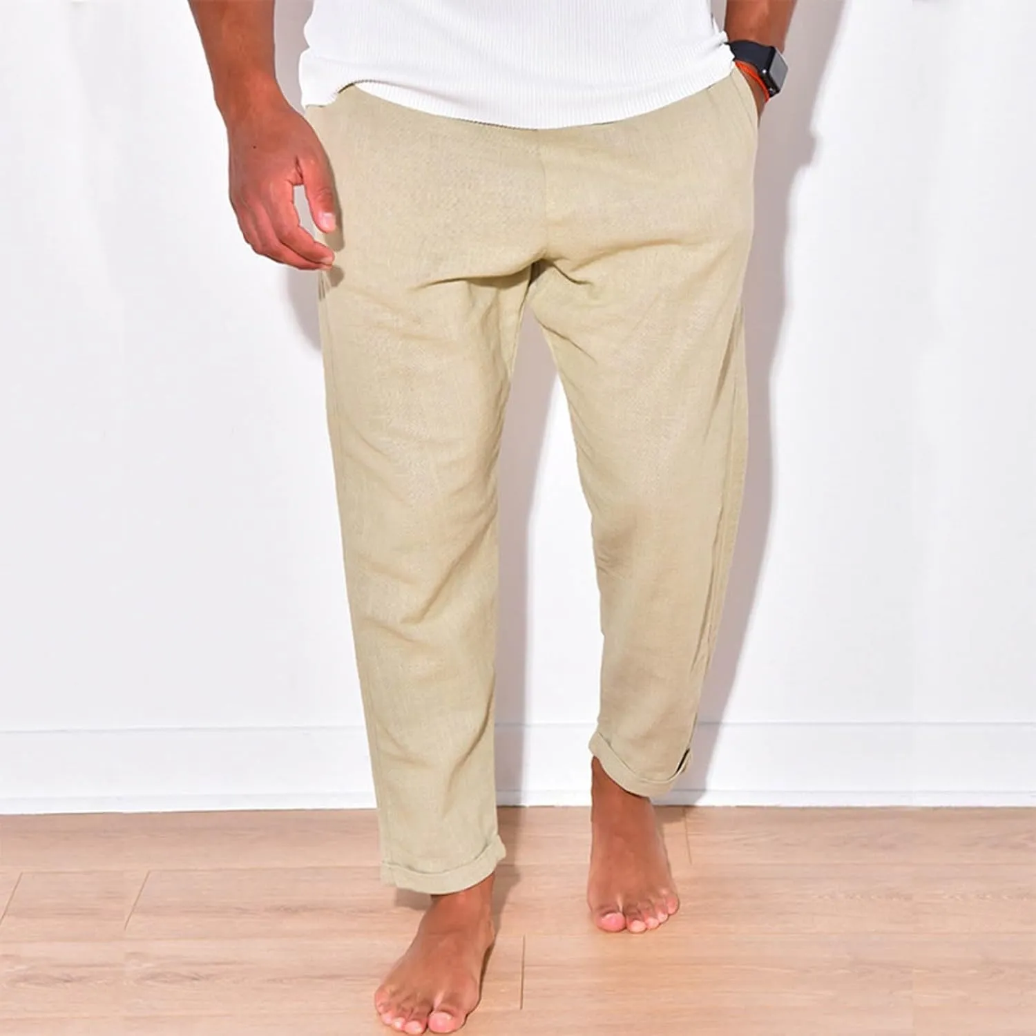 Mens Linen Pants Summer Elastic Waist Beach Pants Drawstring Holiday Tapered Boho Trousers Pants with Pockets
