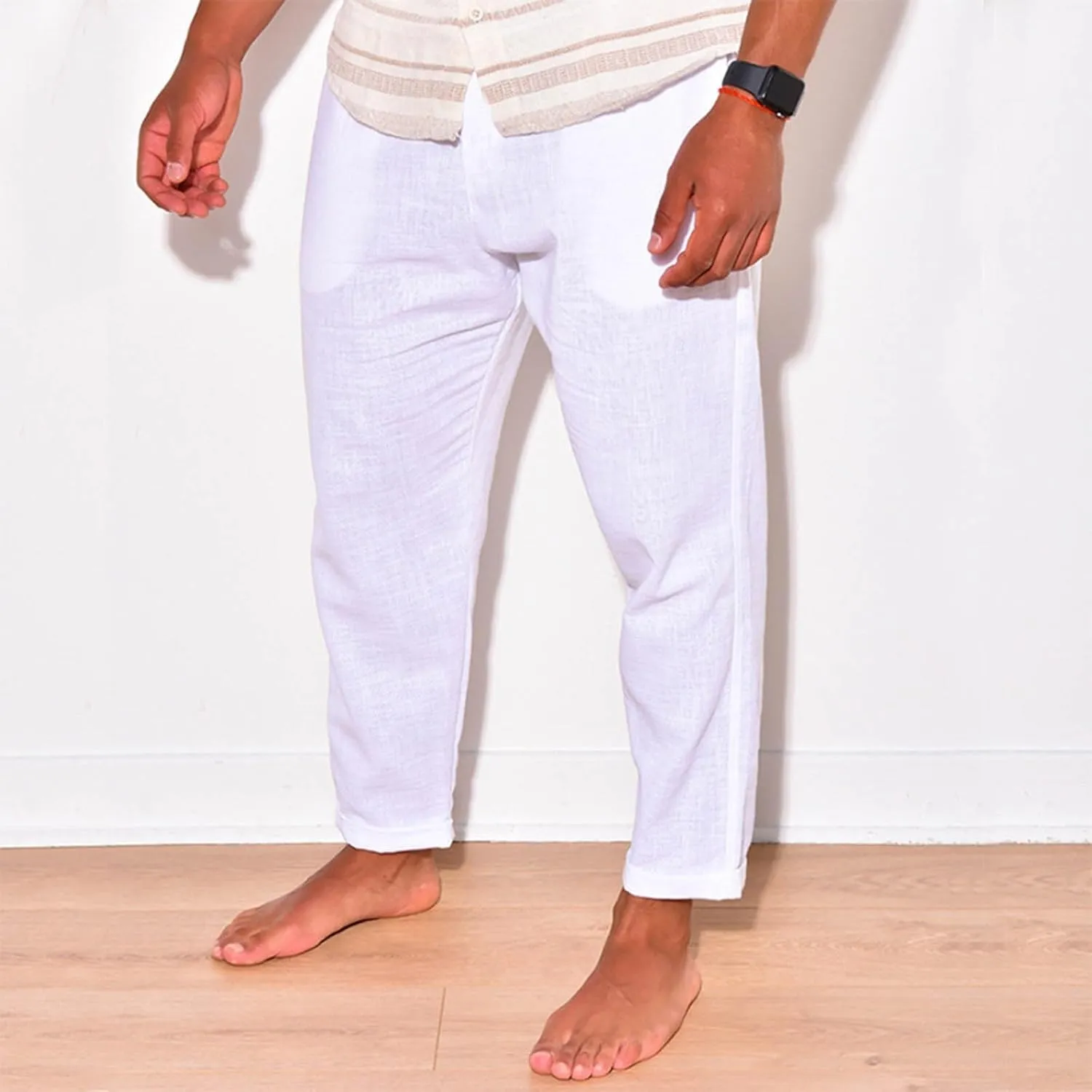 Mens Linen Pants Summer Elastic Waist Beach Pants Drawstring Holiday Tapered Boho Trousers Pants with Pockets