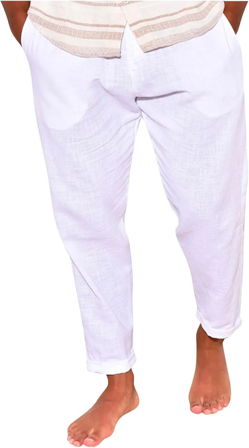 Mens Linen Pants Summer Elastic Waist Beach Pants Drawstring Holiday Tapered Boho Trousers Pants with Pockets