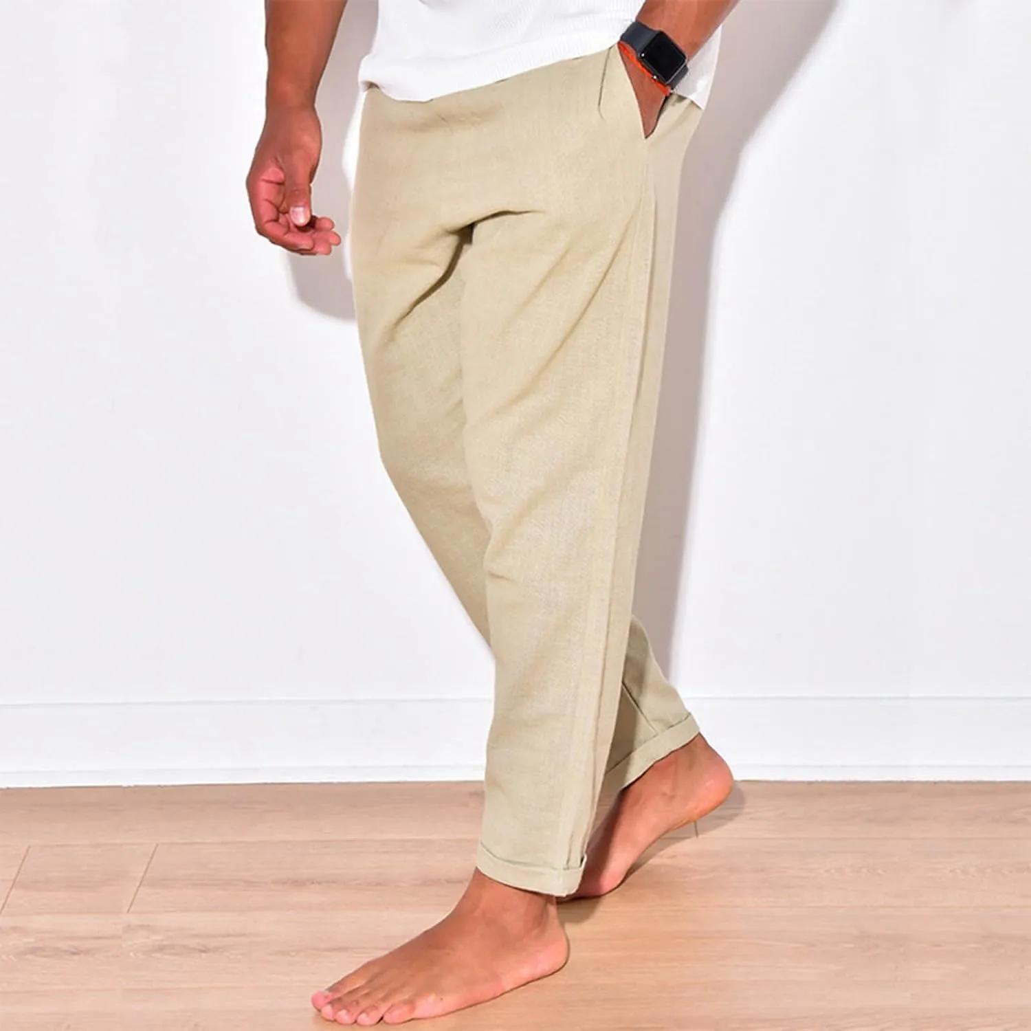 Mens Linen Pants Summer Elastic Waist Beach Pants Drawstring Holiday Tapered Boho Trousers Pants with Pockets