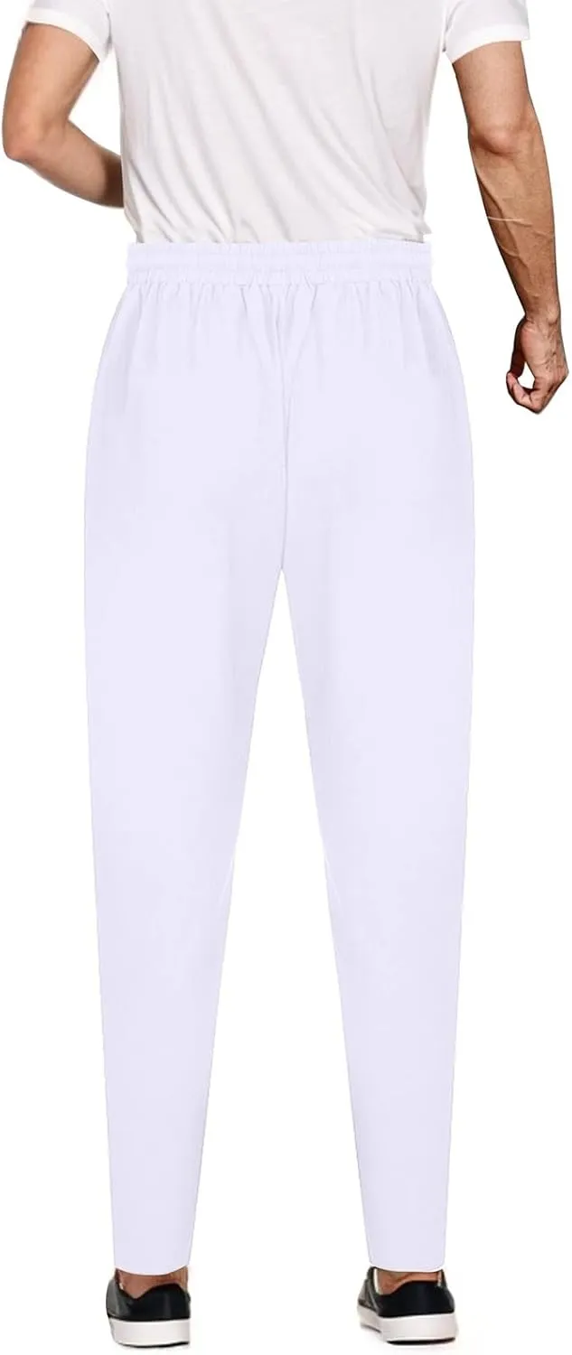 Mens Linen Pants Summer Elastic Waist Beach Pants Drawstring Holiday Tapered Boho Trousers Pants with Pockets