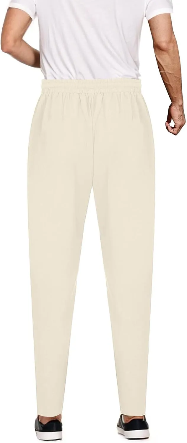 Mens Linen Pants Summer Elastic Waist Beach Pants Drawstring Holiday Tapered Boho Trousers Pants with Pockets