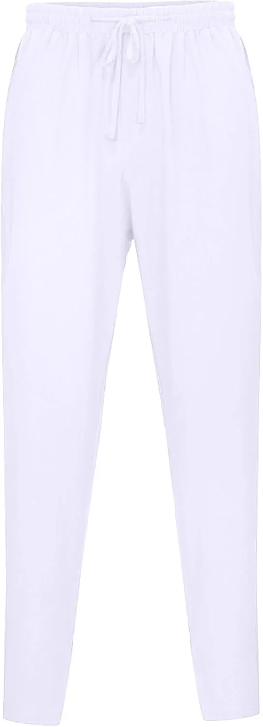 Mens Linen Pants Summer Elastic Waist Beach Pants Drawstring Holiday Tapered Boho Trousers Pants with Pockets