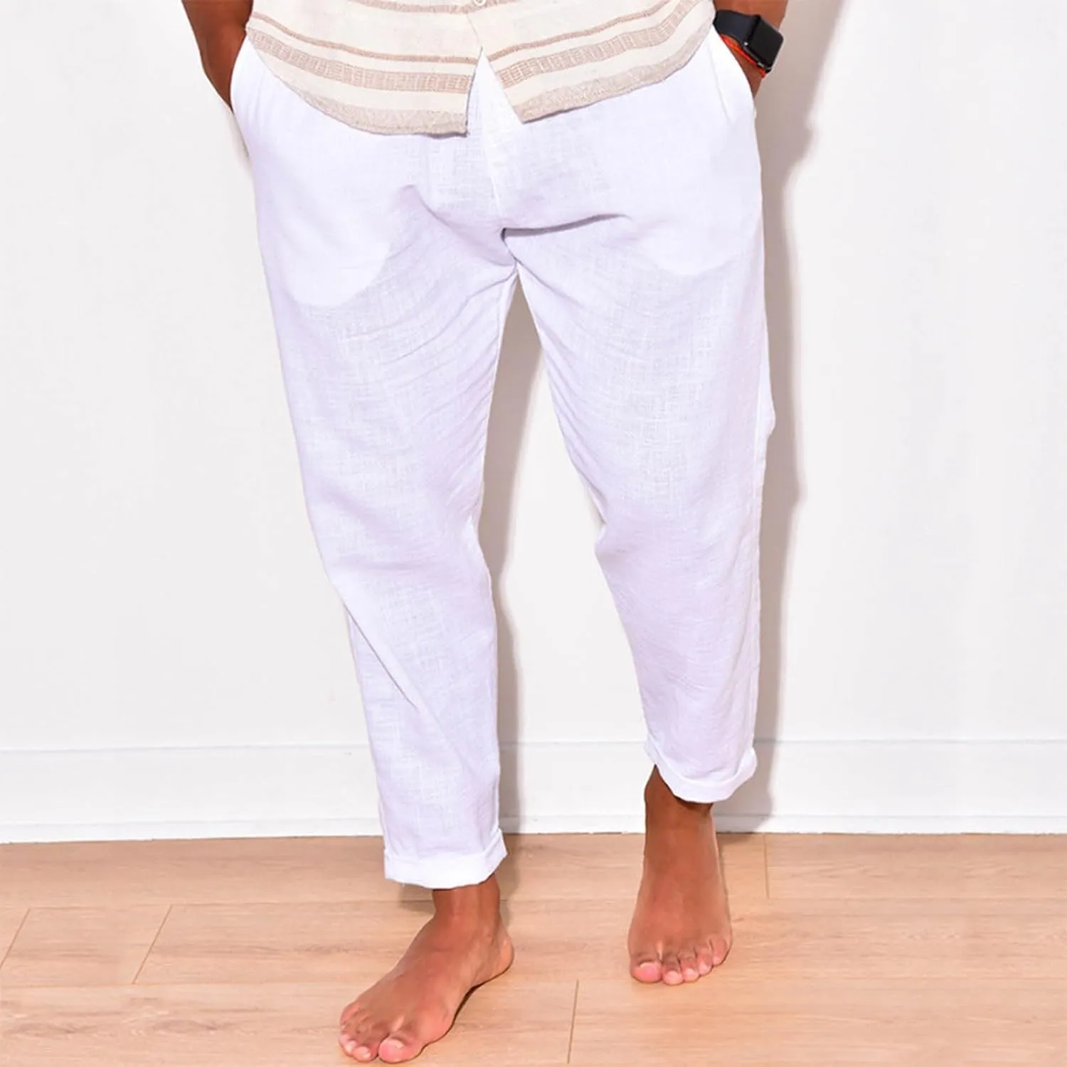 Mens Linen Pants Summer Elastic Waist Beach Pants Drawstring Holiday Tapered Boho Trousers Pants with Pockets