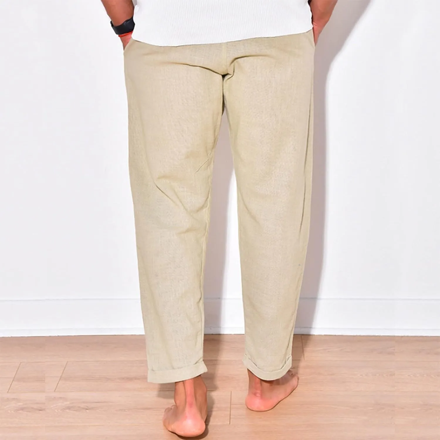 Mens Linen Pants Summer Elastic Waist Beach Pants Drawstring Holiday Tapered Boho Trousers Pants with Pockets