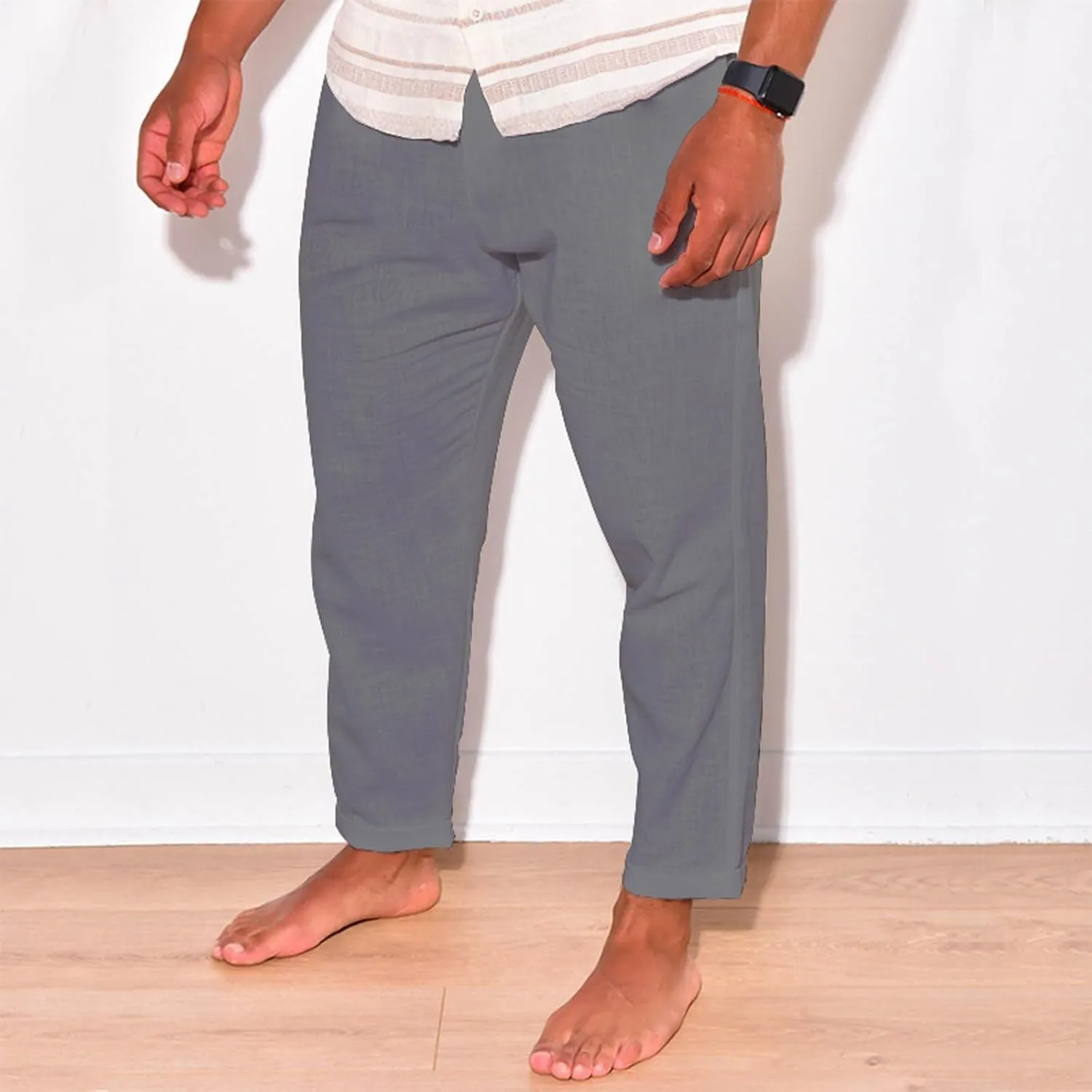 Mens Linen Pants Summer Elastic Waist Beach Pants Drawstring Holiday Tapered Boho Trousers Pants with Pockets