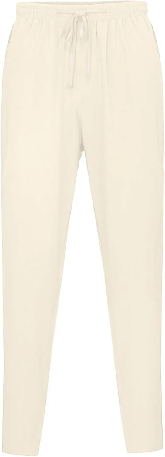 Mens Linen Pants Summer Elastic Waist Beach Pants Drawstring Holiday Tapered Boho Trousers Pants with Pockets