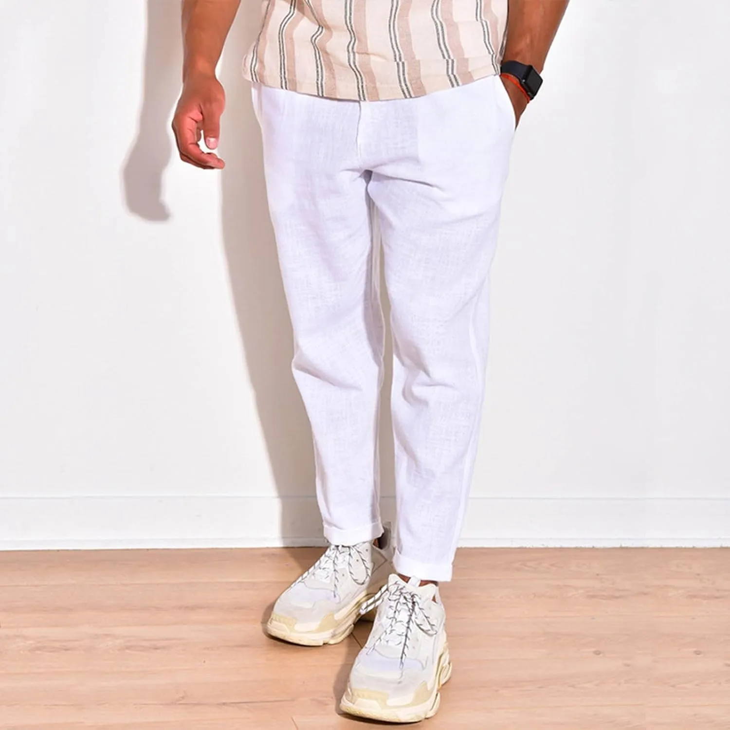 Mens Linen Pants Summer Elastic Waist Beach Pants Drawstring Holiday Tapered Boho Trousers Pants with Pockets
