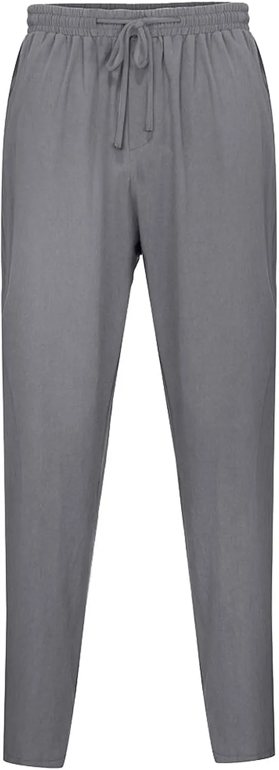 Mens Linen Pants Summer Elastic Waist Beach Pants Drawstring Holiday Tapered Boho Trousers Pants with Pockets