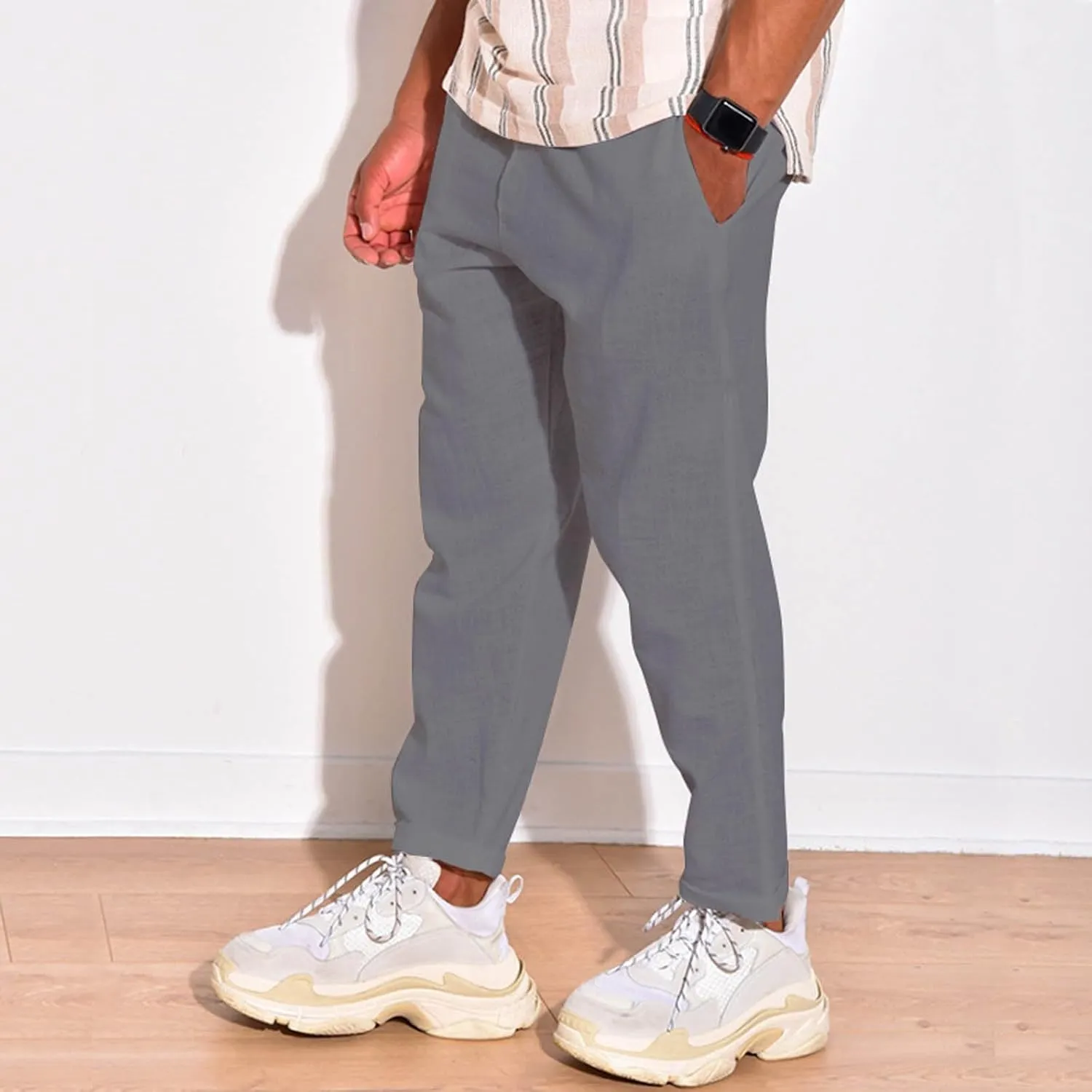 Mens Linen Pants Summer Elastic Waist Beach Pants Drawstring Holiday Tapered Boho Trousers Pants with Pockets