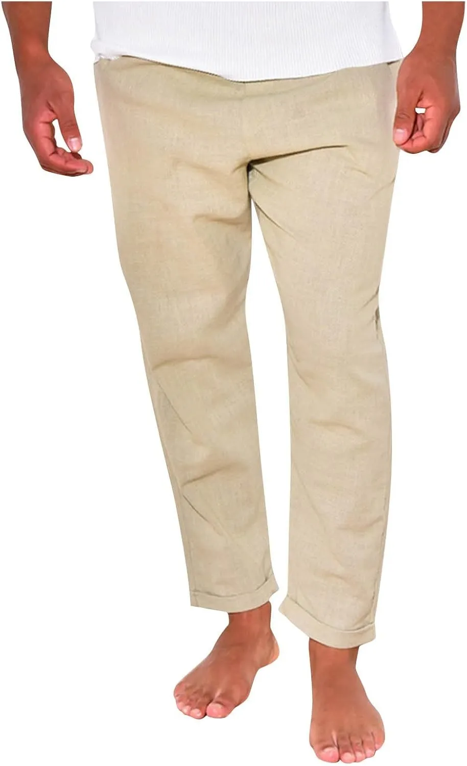 Mens Linen Pants Summer Elastic Waist Beach Pants Drawstring Holiday Tapered Boho Trousers Pants with Pockets