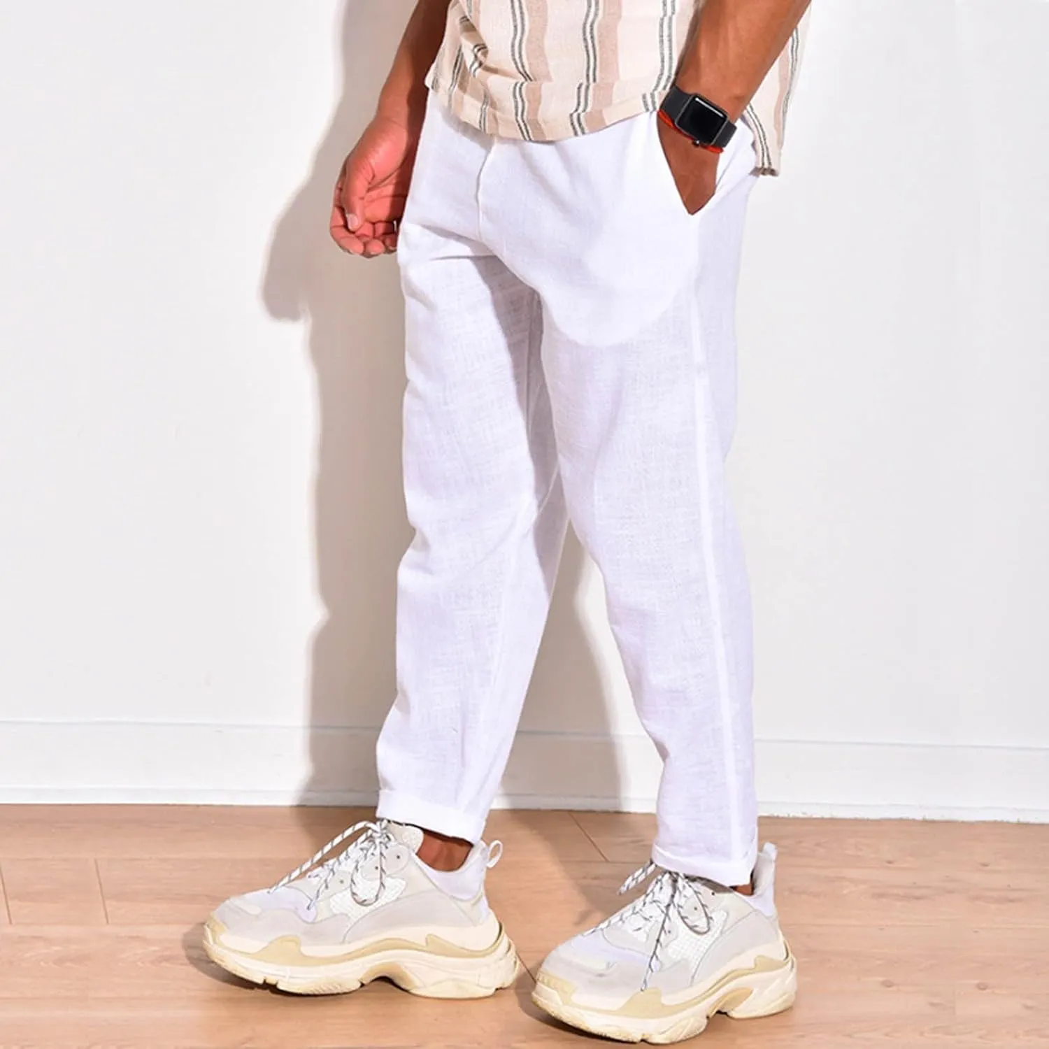 Mens Linen Pants Summer Elastic Waist Beach Pants Drawstring Holiday Tapered Boho Trousers Pants with Pockets