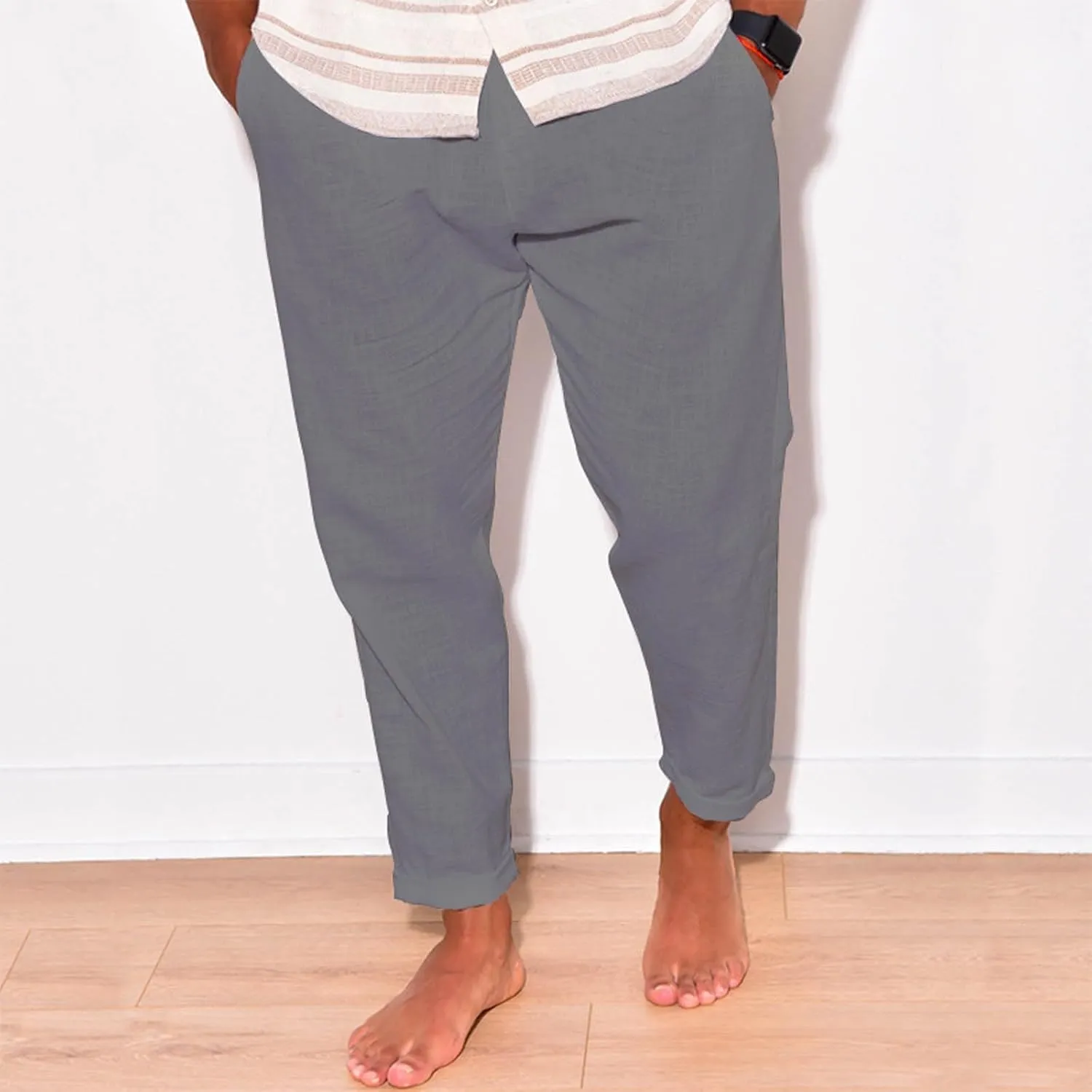 Mens Linen Pants Summer Elastic Waist Beach Pants Drawstring Holiday Tapered Boho Trousers Pants with Pockets