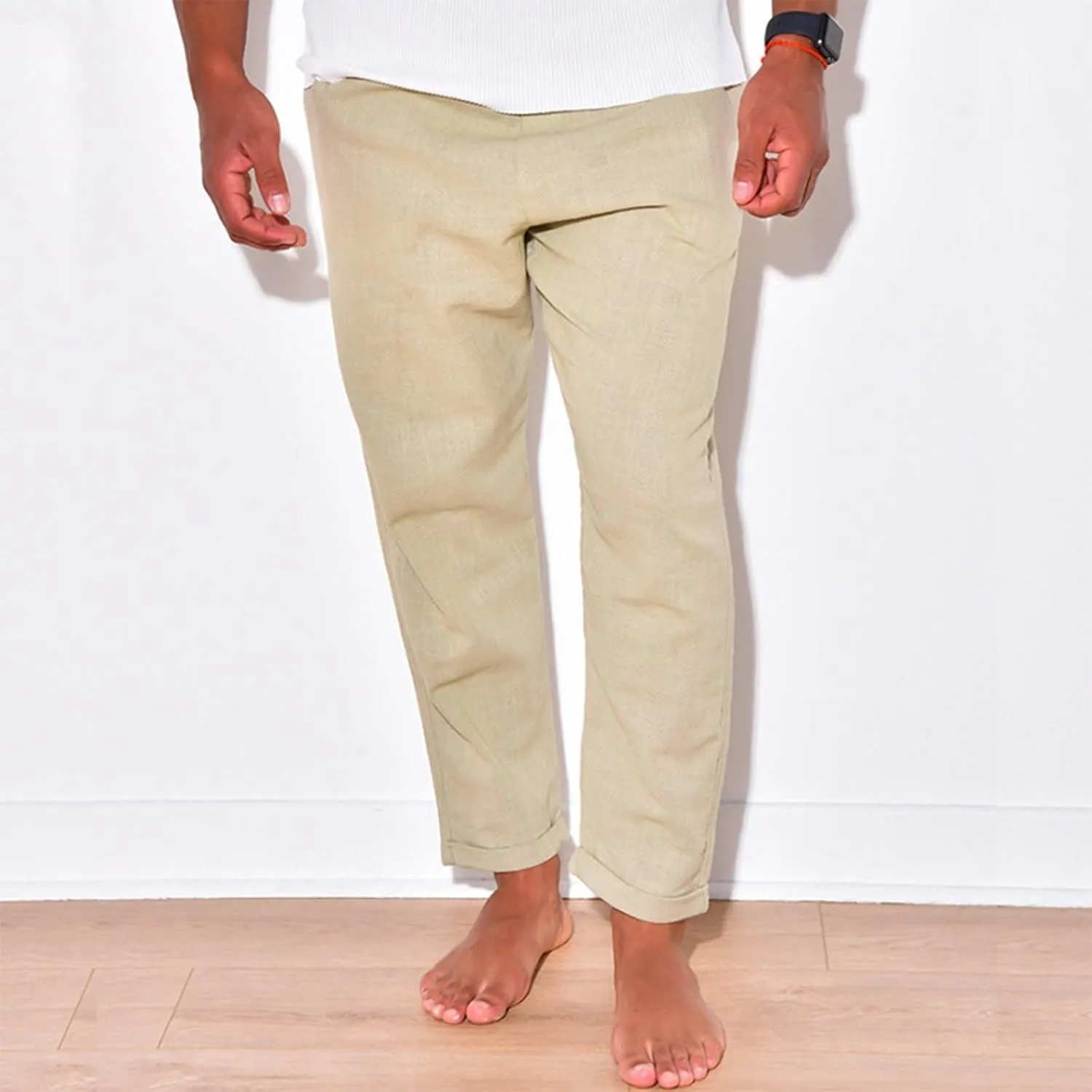 Mens Linen Pants Summer Elastic Waist Beach Pants Drawstring Holiday Tapered Boho Trousers Pants with Pockets