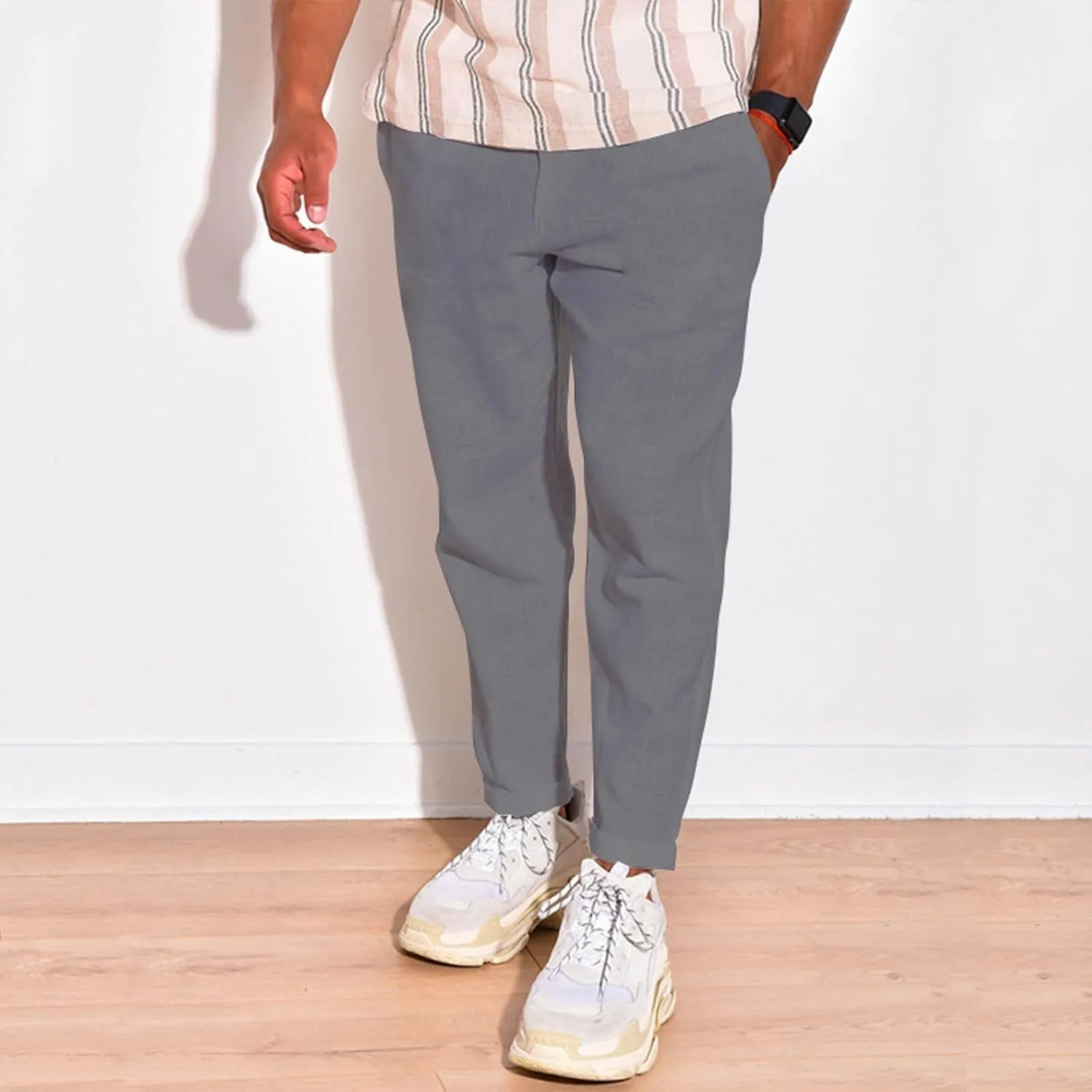 Mens Linen Pants Summer Elastic Waist Beach Pants Drawstring Holiday Tapered Boho Trousers Pants with Pockets
