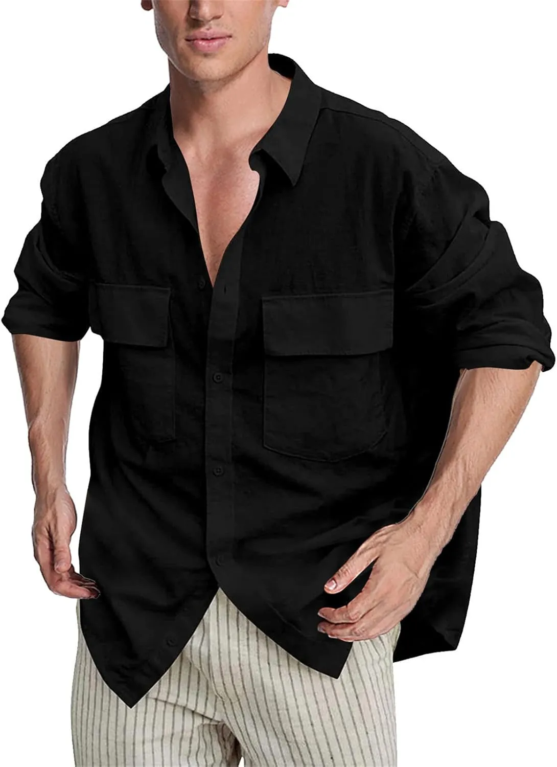 Mens Plus Size Cotton Linen Shirt with 2 Big Pockets Combat Outdoor Traveling Tops Long Sleeve Light Casual Versatile Shirts