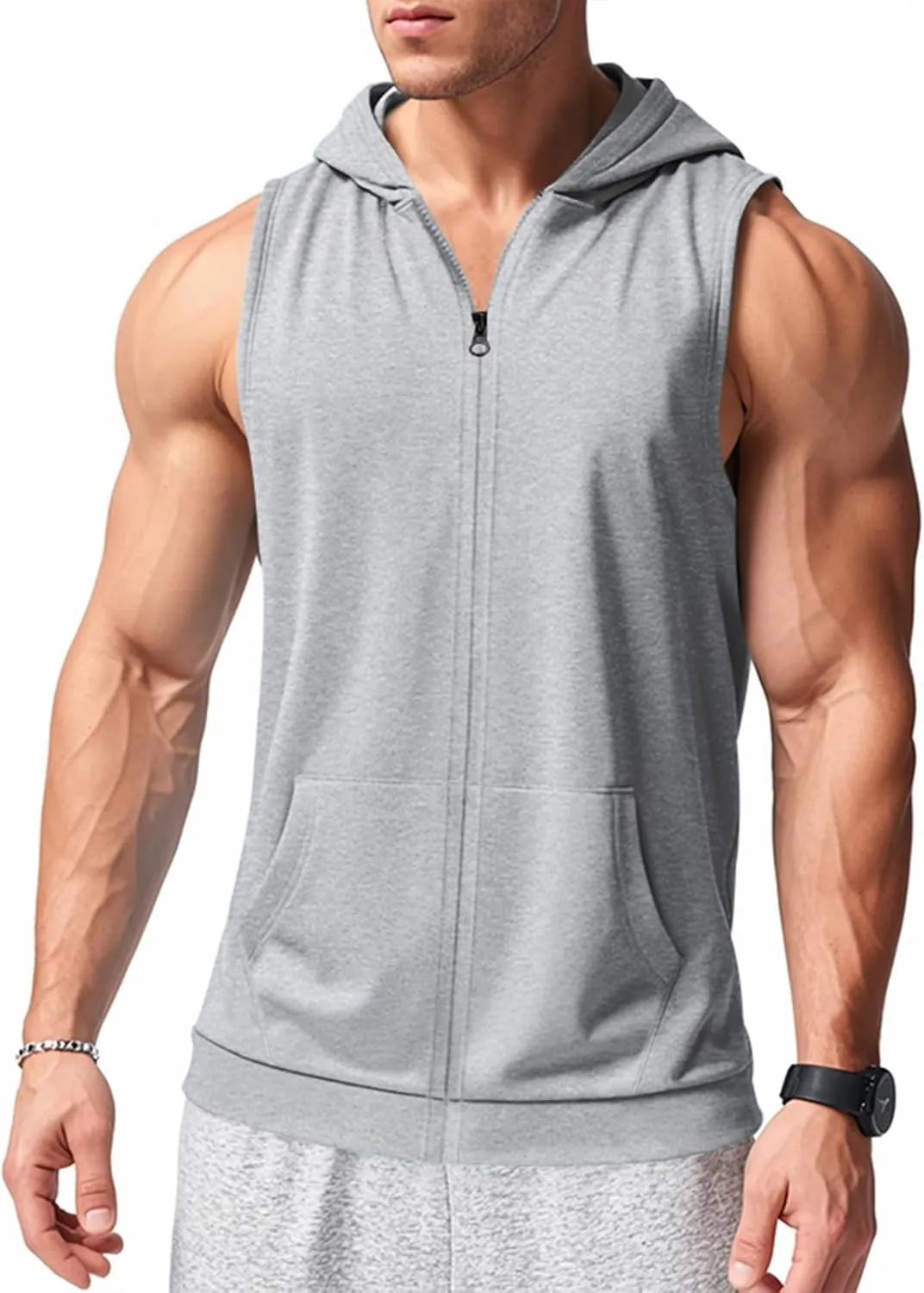 Men's Sleeveless Hoodies Sleeveless Pullover Top with Pocket Gym Mens Muscle Tank Top Shirts Men Sleeveless Zip(Black Light Gray,Medium)